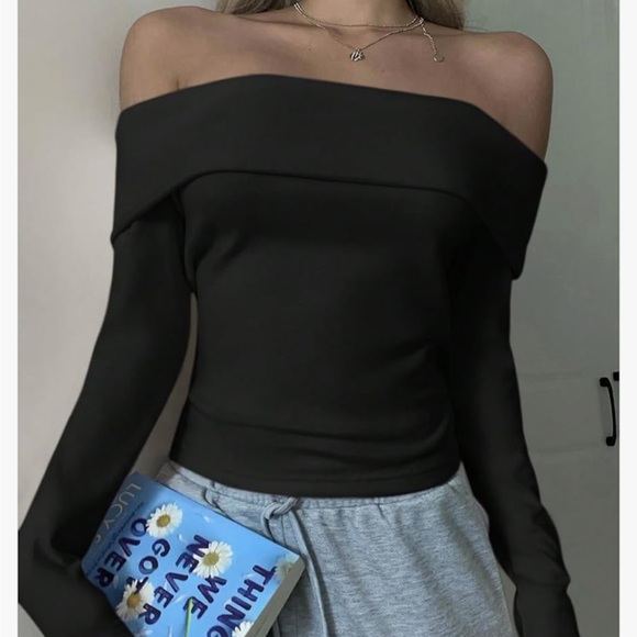 Black Off-Shoulder Long Sleeve Top - Picture 3 of 3